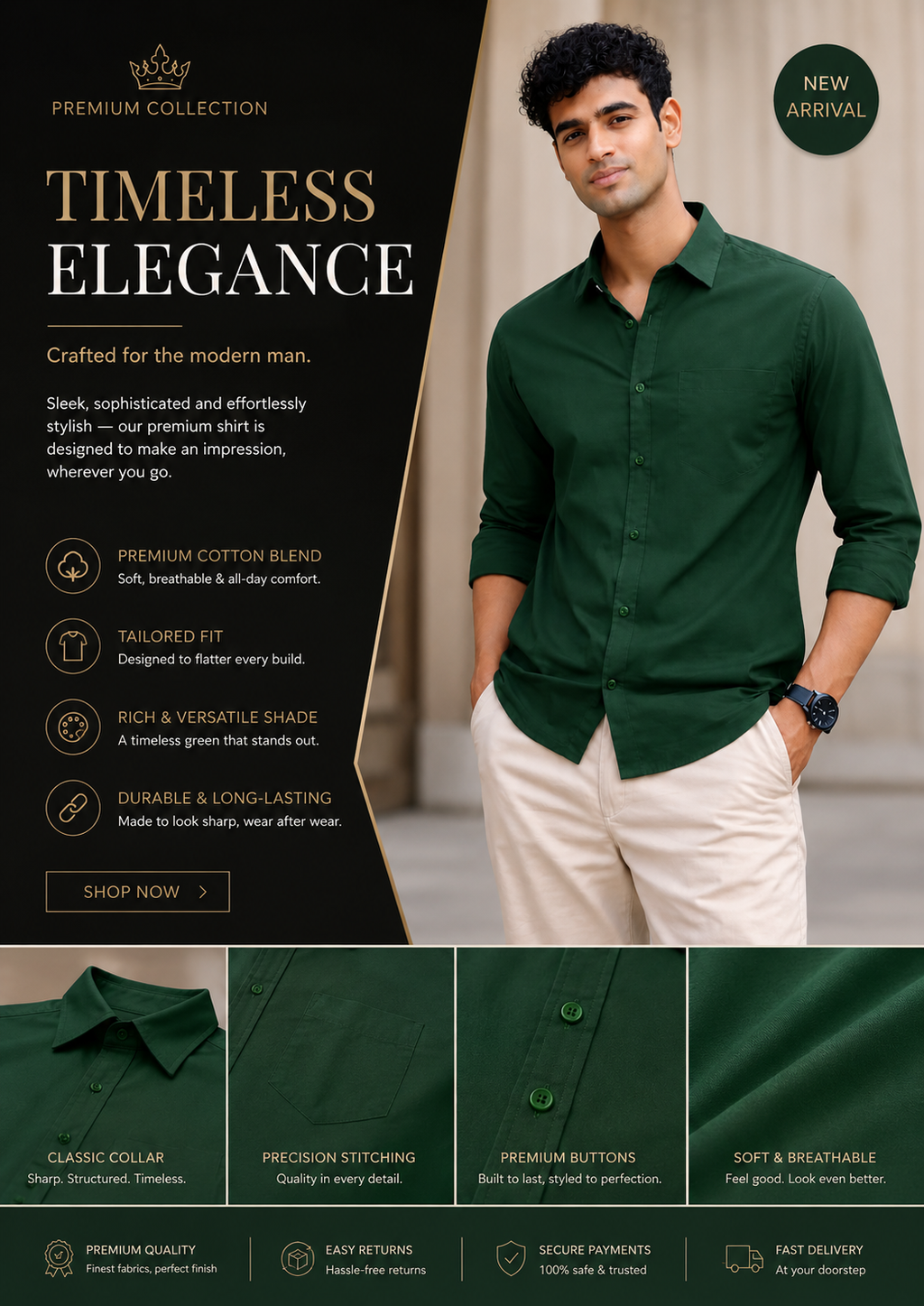 Men's Olive Green Spread Collar Full Sleeve Cotton Shirt