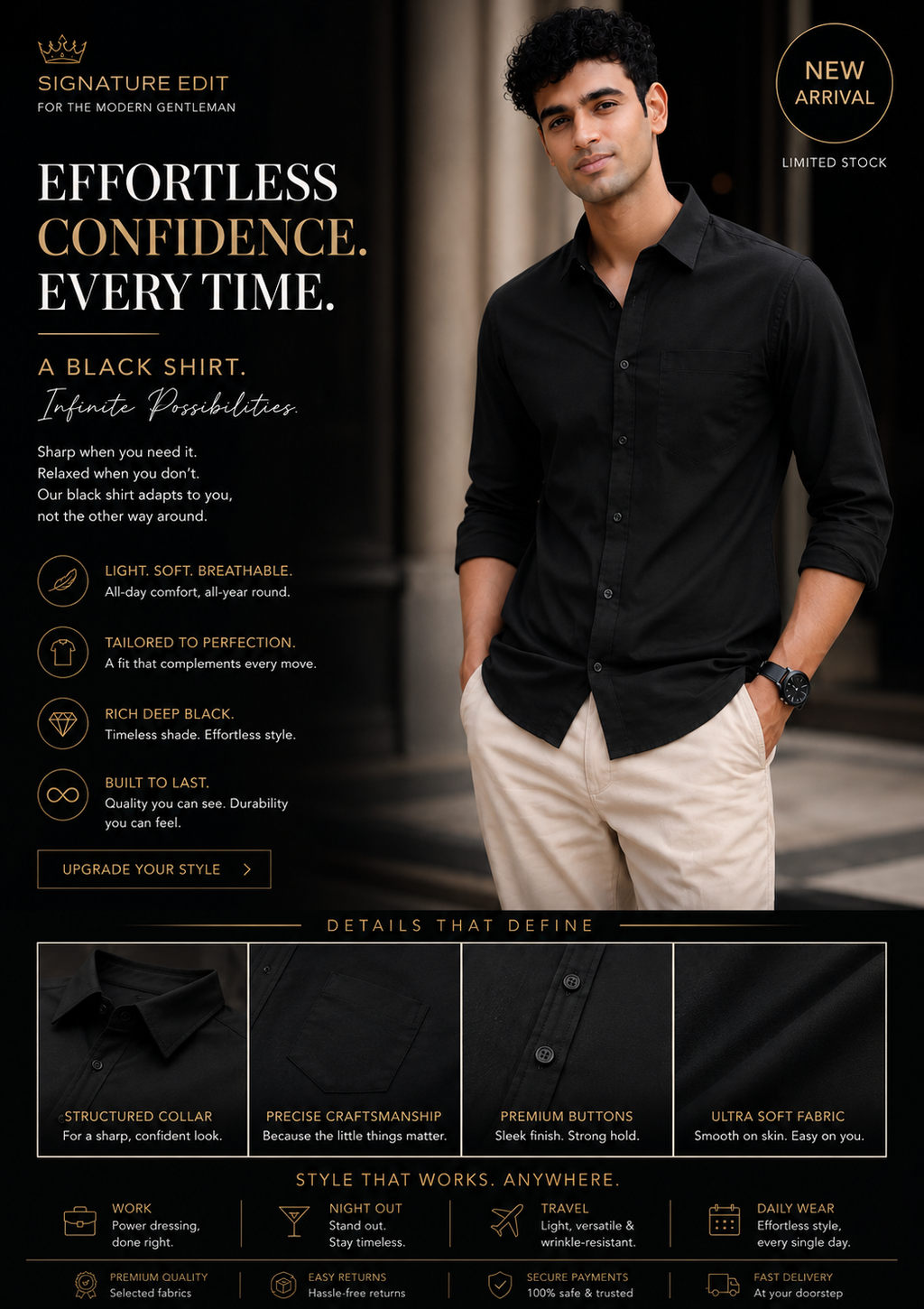 Men Regular Fit Solid Spread Collar Casual Black Shirt