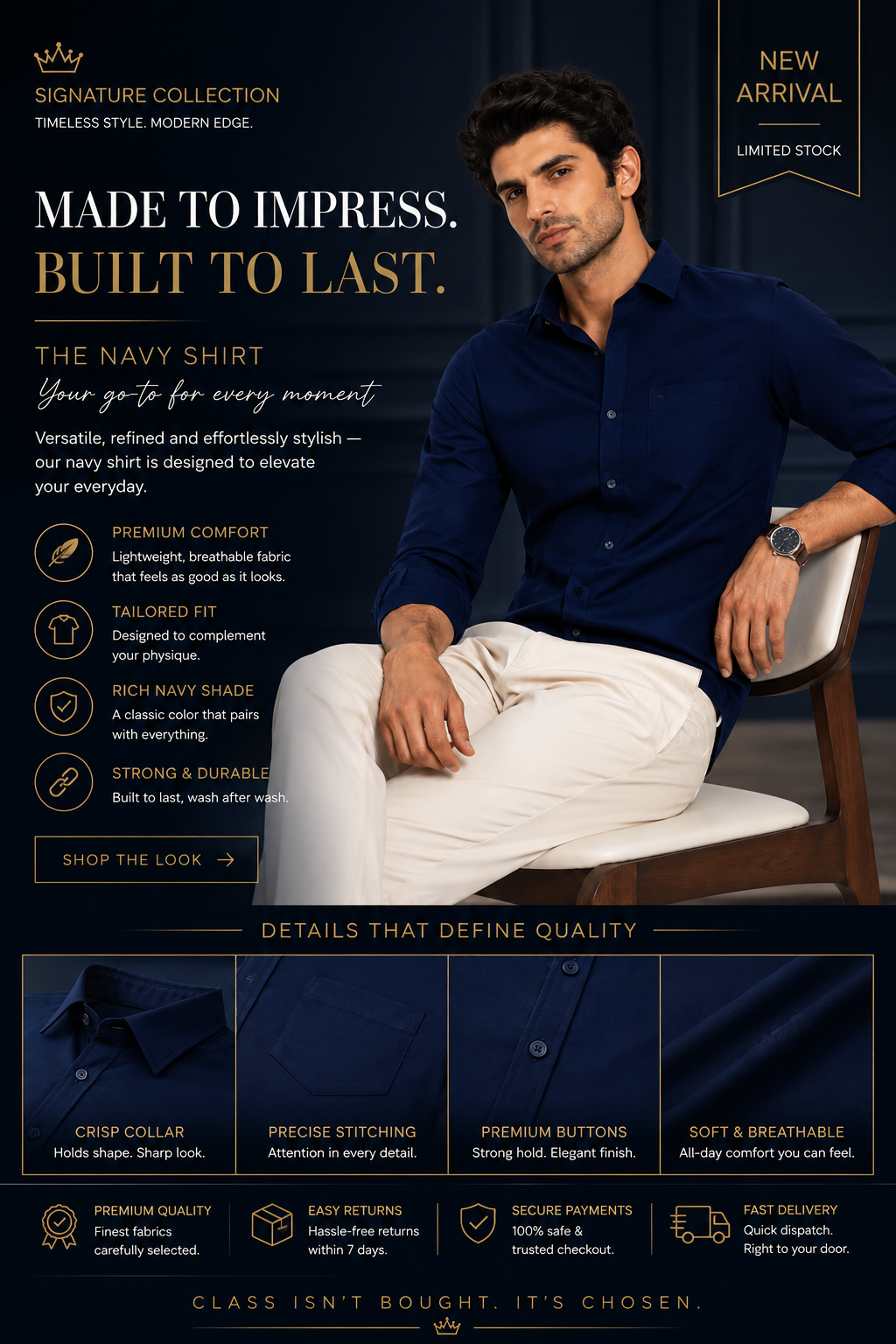 Men’s Navy Blue Solid Full Sleeve Shirt | Premium Cotton Fabric | Stylish Slim Fit | Office & Evening Wear