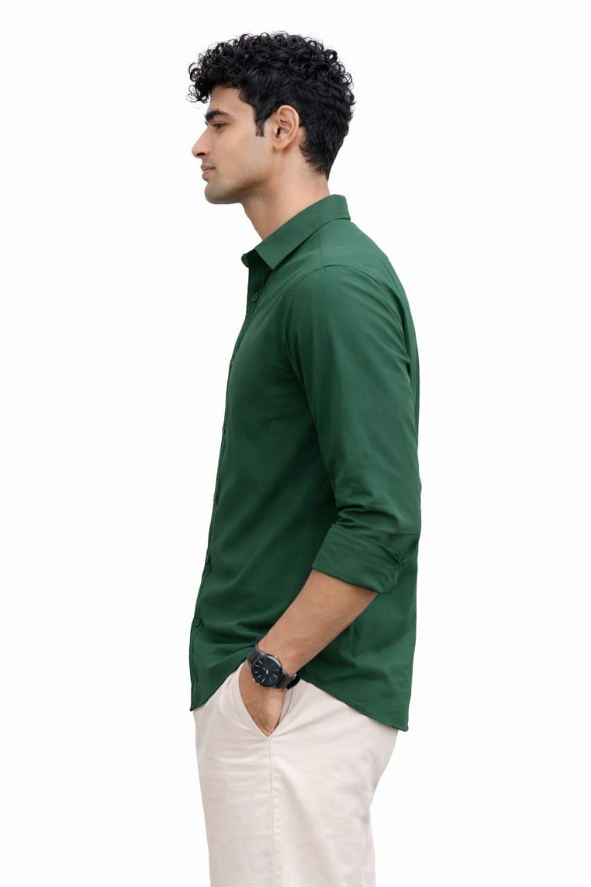 Men's Olive Green Spread Collar Full Sleeve Cotton Shirt