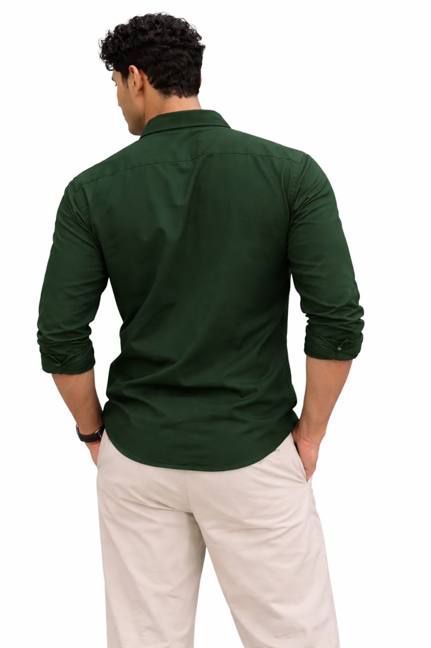 Men's Olive Green Spread Collar Full Sleeve Cotton Shirt