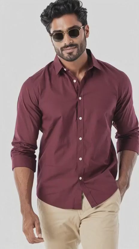 Men’s Maroon Solid Full Sleeve Shirt | Premium Cotton Fabric | Stylish Slim Fit | Office & Evening Wear